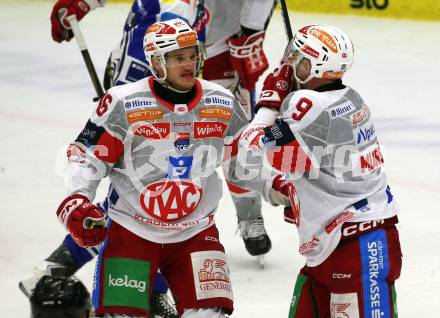 Eishockey ICE Bundesliga.  Winn2day ICE Hockey League. VSV gegen KAC.  Torjubel Simeon Schwinger, Jan Mursak   (KAC). Villach, am 9.1.2026.
Foto: Kuess
www.qspictures.net
---
pressefotos, pressefotografie, kuess, qs, qspictures, sport, bild, bilder, bilddatenbank
