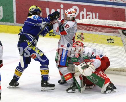 Eishockey ICE Bundesliga.  Winn2day ICE Hockey League. VSV gegen KAC. Adam Helewka  (VSV),  David Maier, Sebastian Dahm  (KAC). Villach, am 9.1.2026.
Foto: Kuess
www.qspictures.net
---
pressefotos, pressefotografie, kuess, qs, qspictures, sport, bild, bilder, bilddatenbank
