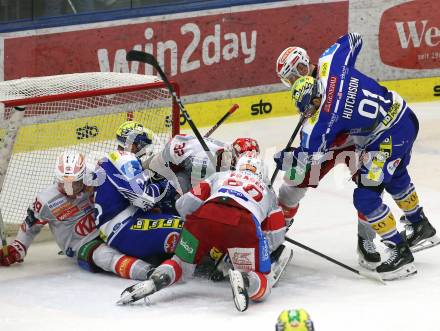 Eishockey ICE Bundesliga.  Winn2day ICE Hockey League. VSV gegen KAC.  Nick Hutchison, Guus Van Nes (VSV), Filip Simovic, Sebastian Dahm, Matthew Fraser   (KAC). Villach, am 9.1.2026.
Foto: Kuess
www.qspictures.net
---
pressefotos, pressefotografie, kuess, qs, qspictures, sport, bild, bilder, bilddatenbank
