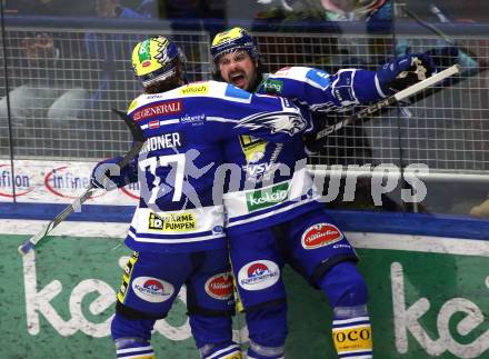 Eishockey ICE Bundesliga.  Winn2day ICE Hockey League. VSV gegen KAC.  Torjubel Adam Helewka, Philipp Lindner (VSV). Villach, am 9.1.2026.
Foto: Kuess
www.qspictures.net
---
pressefotos, pressefotografie, kuess, qs, qspictures, sport, bild, bilder, bilddatenbank