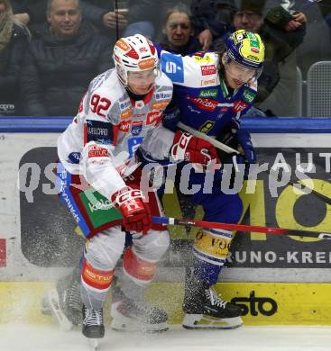 Eishockey ICE Bundesliga.  Winn2day ICE Hockey League. VSV gegen KAC.  Nikita Scherbak (VSV),  Clemens Unterweger  (KAC). Villach, am 9.1.2026.
Foto: Kuess
www.qspictures.net
---
pressefotos, pressefotografie, kuess, qs, qspictures, sport, bild, bilder, bilddatenbank