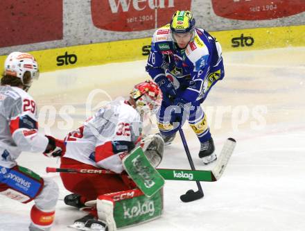 Eishockey ICE Bundesliga.  Winn2day ICE Hockey League. VSV gegen KAC. Felix Maxa  (VSV), Sebastian Dahm   (KAC). Villach, am 9.1.2026.
Foto: Kuess
www.qspictures.net
---
pressefotos, pressefotografie, kuess, qs, qspictures, sport, bild, bilder, bilddatenbank