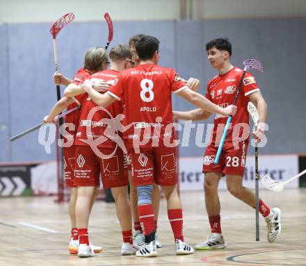 IFL Floorball.  KAC gegen VSV. Torjubel  (KAC). Klagenfurt, am 10.1.2026.
Foto: Kuess
www.qspictures.net
---
pressefotos, pressefotografie, kuess, qs, qspictures, sport, bild, bilder, bilddatenbank