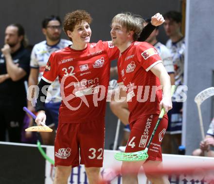 IFL Floorball.  KAC gegen VSV. Torjubel Tim Deisinger, Pascual Fina  (KAC). Klagenfurt, am 10.1.2026.
Foto: Kuess
www.qspictures.net
---
pressefotos, pressefotografie, kuess, qs, qspictures, sport, bild, bilder, bilddatenbank