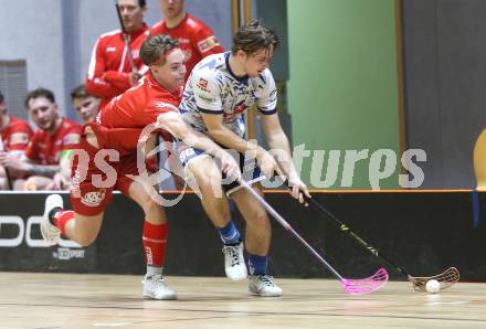 IFL Floorball.  KAC gegen VSV.  Mitja Beuthe (KAC),  Jakob Rainer  (VSV). Klagenfurt, am 10.1.2026.
Foto: Kuess
www.qspictures.net
---
pressefotos, pressefotografie, kuess, qs, qspictures, sport, bild, bilder, bilddatenbank