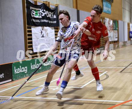 IFL Floorball.  KAC gegen VSV. Mitja Beuthe  (KAC),  Nino Forelli   (VSV). Klagenfurt, am 10.1.2026.
Foto: Kuess
www.qspictures.net
---
pressefotos, pressefotografie, kuess, qs, qspictures, sport, bild, bilder, bilddatenbank