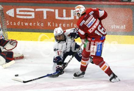 Eishockey ICE Bundesliga.  Winn2day ICE Hockey League. KAC gegen Hydro Fehervar AV 19.   Simeon Schwinger (KAC),  Roland Kiss  (Fehervar). Klagenfurt, am 16.1.2026
Foto: Kuess
www.qspictures.net
---
pressefotos, pressefotografie, kuess, qs, qspictures, sport, bild, bilder, bilddatenbank