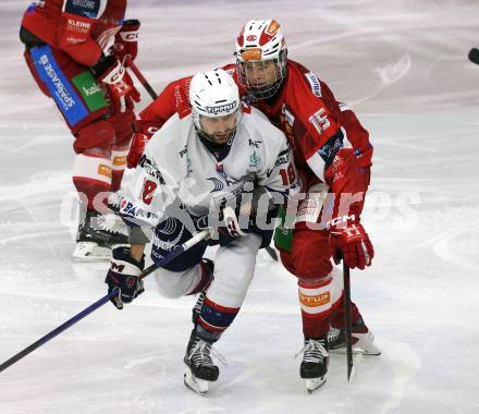 Eishockey ICE Bundesliga.  Winn2day ICE Hockey League. KAC gegen Hydro Fehervar AV 19.  Lennart Leitner  (KAC),    Justin Richards (Fehervar). Klagenfurt, am 16.1.2026
Foto: Kuess
www.qspictures.net
---
pressefotos, pressefotografie, kuess, qs, qspictures, sport, bild, bilder, bilddatenbank