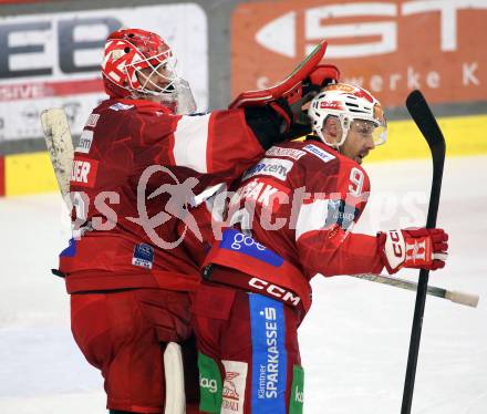 Eishockey ICE Bundesliga.  Winn2day ICE Hockey League. KAC gegen Hydro Fehervar AV 19.  Jubel Florian Vorauer, Jan Mursak  (KAC). Klagenfurt, am 16.1.2026
Foto: Kuess
www.qspictures.net
---
pressefotos, pressefotografie, kuess, qs, qspictures, sport, bild, bilder, bilddatenbank