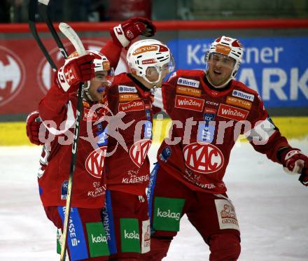 Eishockey ICE Bundesliga.  Winn2day ICE Hockey League. KAC gegen Hydro Fehervar AV 19.   Torjubel Filip Simovic, Clemens Unterweger, Mathias From (KAC). Klagenfurt, am 16.1.2026
Foto: Kuess
www.qspictures.net
---
pressefotos, pressefotografie, kuess, qs, qspictures, sport, bild, bilder, bilddatenbank