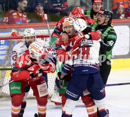 Eishockey ICE Bundesliga.  Winn2day ICE Hockey League. KAC gegen Hydro Fehervar AV 19. Finn Van Ee, Tobias Sablatnigg   (KAC),  Justin Richards, Maxwell Gerlach  (Fehervar). Klagenfurt, am 16.1.2026
Foto: Kuess
www.qspictures.net
---
pressefotos, pressefotografie, kuess, qs, qspictures, sport, bild, bilder, bilddatenbank