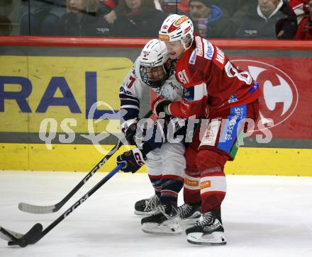 Eishockey ICE Bundesliga.  Winn2day ICE Hockey League. KAC gegen Hydro Fehervar AV 19.  Finn Van Ee  (KAC),  Roland Kiss  (Fehervar). Klagenfurt, am 16.1.2026
Foto: Kuess
www.qspictures.net
---
pressefotos, pressefotografie, kuess, qs, qspictures, sport, bild, bilder, bilddatenbank