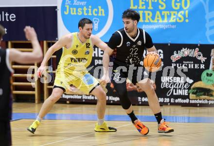 Basketball 2. Liga 2025/2026. Grunddurchgang 15. Runde.  Woerthersee Piraten gegen Vienna United.  Jan-Arne Apschner (Piraten),  Alejandro Barbera Zapero (Vienna). Klagenfurt, am 24.1.2026
Foto: Kuess
---
pressefotos, pressefotografie, kuess, qs, qspictures, sport, bild, bilder, bilddatenbank