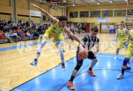 Basketball 2. Liga 2025/2026. Grunddurchgang 15. Runde.  Woerthersee Piraten gegen Vienna United.  Marcus Holyfield (Piraten),  Alejandro Barbera Zapero (Vienna). Klagenfurt, am 24.1.2026
Foto: Kuess
---
pressefotos, pressefotografie, kuess, qs, qspictures, sport, bild, bilder, bilddatenbank