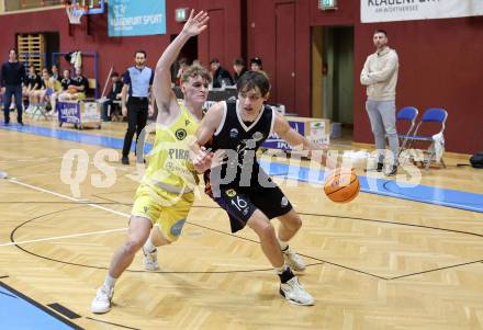 Basketball 2. Liga 2025/2026. Grunddurchgang 15. Runde.  Woerthersee Piraten gegen Vienna United.  Luca Umile (Piraten),  Mathias Mailath-Pokorny (Vienna). Klagenfurt, am 24.1.2026
Foto: Kuess
---
pressefotos, pressefotografie, kuess, qs, qspictures, sport, bild, bilder, bilddatenbank