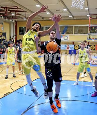 Basketball 2. Liga 2025/2026. Grunddurchgang 15. Runde.  Woerthersee Piraten gegen Vienna United.  Marcus Holyfield (Piraten),  Alejandro Barbera Zapero (Vienna). Klagenfurt, am 24.1.2026
Foto: Kuess
---
pressefotos, pressefotografie, kuess, qs, qspictures, sport, bild, bilder, bilddatenbank