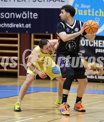 Basketball 2. Liga 2025/2026. Grunddurchgang 15. Runde.  Woerthersee Piraten gegen Vienna United.  Jan-Arne Apschner (Piraten),  Alejandro Barbera Zapero (Vienna). Klagenfurt, am 24.1.2026
Foto: Kuess
---
pressefotos, pressefotografie, kuess, qs, qspictures, sport, bild, bilder, bilddatenbank