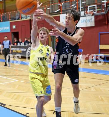 Basketball 2. Liga 2025/2026. Grunddurchgang 15. Runde.  Woerthersee Piraten gegen Vienna United.  Luca Umile (Piraten),  Mathias Mailath-Pokorny (Vienna). Klagenfurt, am 24.1.2026
Foto: Kuess
---
pressefotos, pressefotografie, kuess, qs, qspictures, sport, bild, bilder, bilddatenbank