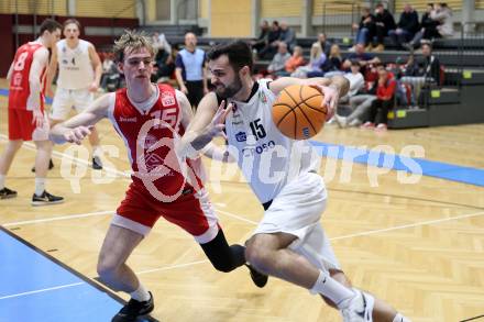 Basketball 2. Liga 2025/2026. Grunddurchgang 16. Runde.  KOS Celovec gegen Upper Austrian Ballers.  Marin Sliskovic  (KOS), Paul Lammer  (Austrian Ballers). Klagenfurt, am 31.1.2026
Foto: Kuess
---
pressefotos, pressefotografie, kuess, qs, qspictures, sport, bild, bilder, bilddatenbank