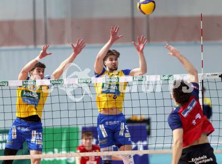 Volleyball.  Austrian Volley League Men.  VBK Kelag Woerther-See-Loewen Klagenfurt gegen SK Zadruga Aich/Dob.  Michael Mario KLEMEN  (Woerthersee-Loewen), Sebastian SABLATNIG,  Jan JIRASEK (Aich/Dob). Klagenfurt, am 31.1.2026.
Foto: Kuess
www.qspictures.net
---
pressefotos, pressefotografie, kuess, qs, qspictures, sport, bild, bilder, bilddatenbank