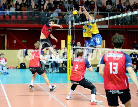 Volleyball.  Austrian Volley League Men.  VBK Kelag Woerther-See-Loewen Klagenfurt gegen SK Zadruga Aich/Dob.  Erik Benedikt KOLEV, Elias Benedikt HOLZINGER  (Woerthersee-Loewen), Jiri Srb, Nicolai GRABMUELLER  (Aich/Dob). Klagenfurt, am 31.1.2026.
Foto: Kuess
www.qspictures.net
---
pressefotos, pressefotografie, kuess, qs, qspictures, sport, bild, bilder, bilddatenbank