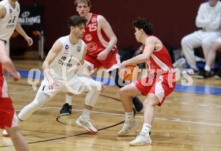 Basketball 2. Liga 2025/2026. Grunddurchgang 16. Runde.  KOS Celovec gegen Upper Austrian Ballers.  Simon Siencnik  (KOS),  Paul Kaltenbrunner (Austrian Ballers). Klagenfurt, am 31.1.2026
Foto: Kuess
---
pressefotos, pressefotografie, kuess, qs, qspictures, sport, bild, bilder, bilddatenbank