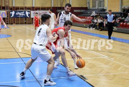 Basketball 2. Liga 2025/2026. Grunddurchgang 16. Runde.  KOS Celovec gegen Upper Austrian Ballers.  Jure Bavdek, Marin Sliskovic  (KOS),  Luis Streitberger (Austrian Ballers). Klagenfurt, am 31.1.2026
Foto: Kuess
---
pressefotos, pressefotografie, kuess, qs, qspictures, sport, bild, bilder, bilddatenbank