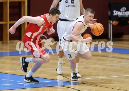 Basketball 2. Liga 2025/2026. Grunddurchgang 16. Runde.  KOS Celovec gegen Upper Austrian Ballers.  Jernej Andolsek Heine   (KOS),  Simon Hintenaus  (Austrian Ballers). Klagenfurt, am 31.1.2026
Foto: Kuess
---
pressefotos, pressefotografie, kuess, qs, qspictures, sport, bild, bilder, bilddatenbank