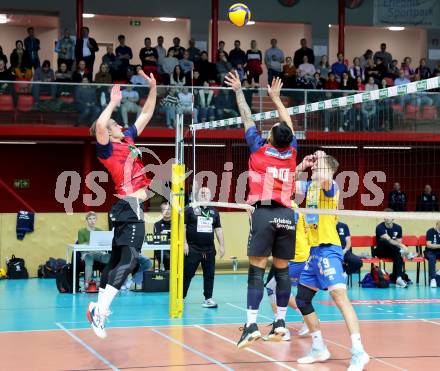 Volleyball.  Austrian Volley League Men.  VBK Kelag Woerther-See-Loewen Klagenfurt gegen SK Zadruga Aich/Dob.  David Marius PETSCHNIG, Leonardo PLAZA GANDINI  (Woerthersee-Loewen), Nicolai GRABMUELLER  (Aich/Dob). Klagenfurt, am 31.1.2026.
Foto: Kuess
www.qspictures.net
---
pressefotos, pressefotografie, kuess, qs, qspictures, sport, bild, bilder, bilddatenbank
