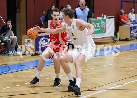 Basketball 2. Liga 2025/2026. Grunddurchgang 16. Runde.  KOS Celovec gegen Upper Austrian Ballers.   Samuel Seher (KOS),   Simon Hintenaus  (Austrian Ballers). Klagenfurt, am 31.1.2026
Foto: Kuess
---
pressefotos, pressefotografie, kuess, qs, qspictures, sport, bild, bilder, bilddatenbank
