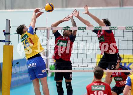 Volleyball.  Austrian Volley League Men.  VBK Kelag Woerther-See-Loewen Klagenfurt gegen SK Zadruga Aich/Dob.   Leonardo PLAZA GANDINI,  Jonas Emanuel HOLZINGER (Woerthersee-Loewen),  Armands ROKJANS (Aich/Dob). Klagenfurt, am 31.1.2026.
Foto: Kuess
www.qspictures.net
---
pressefotos, pressefotografie, kuess, qs, qspictures, sport, bild, bilder, bilddatenbank