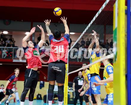 Volleyball.  Austrian Volley League Men.  VBK Kelag Woerther-See-Loewen Klagenfurt gegen SK Zadruga Aich/Dob.  David Marius PETSCHNIG,  Leonardo PLAZA GANDINI  (Woerthersee-Loewen), Nicolai GRABMUELLER, Armands ROKJANS  (Aich/Dob). Klagenfurt, am 31.1.2026.
Foto: Kuess
www.qspictures.net
---
pressefotos, pressefotografie, kuess, qs, qspictures, sport, bild, bilder, bilddatenbank