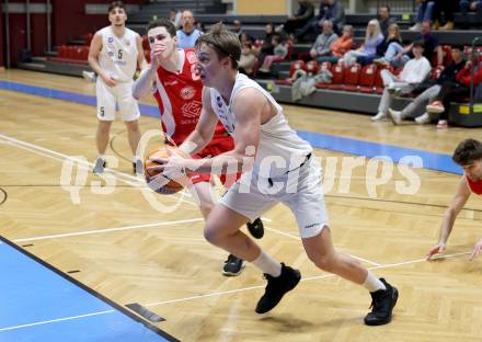 Basketball 2. Liga 2025/2026. Grunddurchgang 16. Runde.  KOS Celovec gegen Upper Austrian Ballers   Samuel Seher (KOS),  Simon Hintenaus  (Austrian Ballers). Klagenfurt, am 31.1.2026
Foto: Kuess
---
pressefotos, pressefotografie, kuess, qs, qspictures, sport, bild, bilder, bilddatenbank