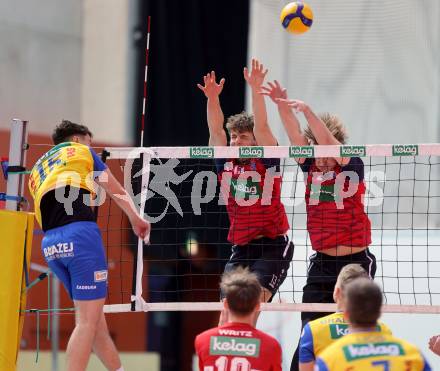 Volleyball.  Austrian Volley League Men.  VBK Kelag Woerther-See-Loewen Klagenfurt gegen SK Zadruga Aich/Dob. Michael Mario KLEMEN, David Marius PETSCHNIG   (Woerthersee-Loewen),  Armands ROKJANS  (Aich/Dob). Klagenfurt, am 31.1.2026.
Foto: Kuess
www.qspictures.net
---
pressefotos, pressefotografie, kuess, qs, qspictures, sport, bild, bilder, bilddatenbank