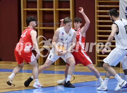 Basketball 2. Liga 2025/2026. Grunddurchgang 16. Runde.  KOS Celovec gegen Upper Austrian Ballers.  Samuel Seher  (KOS),   Paul Kaltenbrunner (Austrian Ballers). Klagenfurt, am 31.1.2026
Foto: Kuess
---
pressefotos, pressefotografie, kuess, qs, qspictures, sport, bild, bilder, bilddatenbank