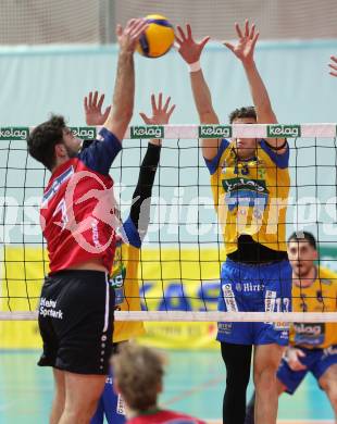 Volleyball.  Austrian Volley League Men.  VBK Kelag Woerther-See-Loewen Klagenfurt gegen SK Zadruga Aich/Dob. Felix Alexander PONTASCH   (Woerthersee-Loewen),  Sebastian SABLATNIG (Aich/Dob). Klagenfurt, am 31.1.2026.
Foto: Kuess
www.qspictures.net
---
pressefotos, pressefotografie, kuess, qs, qspictures, sport, bild, bilder, bilddatenbank