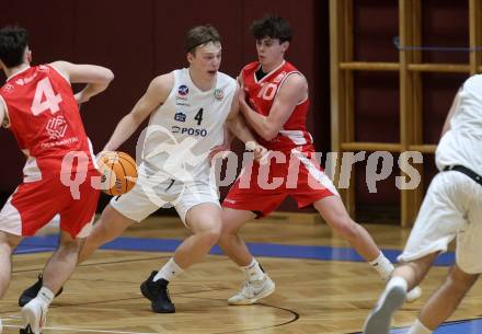 Basketball 2. Liga 2025/2026. Grunddurchgang 16. Runde.  KOS Celovec gegen Upper Austrian Ballers.  Samuel Seher  (KOS),   Paul Kaltenbrunner (Austrian Ballers). Klagenfurt, am 31.1.2026
Foto: Kuess
---
pressefotos, pressefotografie, kuess, qs, qspictures, sport, bild, bilder, bilddatenbank