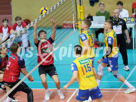 Volleyball.  Austrian Volley League Men.  VBK Kelag Woerther-See-Loewen Klagenfurt gegen SK Zadruga Aich/Dob.  David Marius PETSCHNIG, Erik Benedikt KOLEV  (Woerthersee-Loewen), Armands ROKJANS, Nicolai GRABMUELLER, Jiri Srb  (Aich/Dob). Klagenfurt, am 31.1.2026.
Foto: Kuess
www.qspictures.net
---
pressefotos, pressefotografie, kuess, qs, qspictures, sport, bild, bilder, bilddatenbank