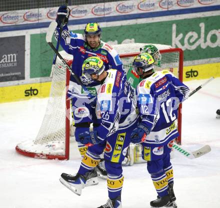 Eishockey ICE Bundesliga.  Winn2day ICE Hockey League. VSV gegen Olimpija Ljubljana.  Torjubel Guus Van Nes, Nick Hutchison, Brett Budgell  (VSV). Klagenfurt, am 1.2..2026
Foto: Kuess
www.qspictures.net
---
pressefotos, pressefotografie, kuess, qs, qspictures, sport, bild, bilder, bilddatenbank