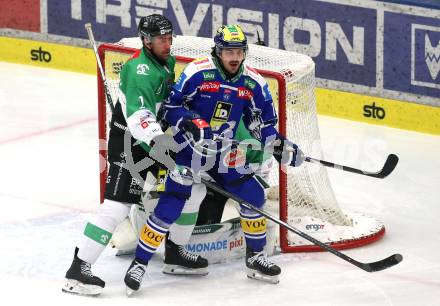 Eishockey ICE Bundesliga.  Winn2day ICE Hockey League. VSV gegen Olimpija Ljubljana. Adam Helewka   (VSV),  Andrew MacWilliam  (Laibach). Klagenfurt, am 1.2..2026
Foto: Kuess
www.qspictures.net
---
pressefotos, pressefotografie, kuess, qs, qspictures, sport, bild, bilder, bilddatenbank