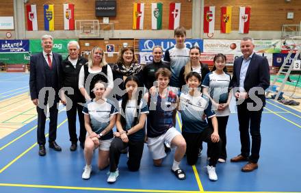 Badminton. Oesterreichische Meisterschaften.  Eroeffnung. LH Peter Kaiser, Klaus Pierl, Laura Hasenbichler, Denise Hofer, Guenther Beikam, Felix Steinwender, Martin Zhang.     Klagenfurt, am 30.1.2026
Foto: Kuess
www.qspictures.net
---
pressefotos, pressefotografie, kuess, qs, qspictures, sport, bild, bilder, bilddatenbank