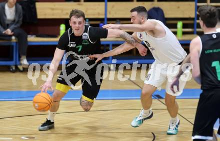 Basketball 2. Liga 2025/2026. Grunddurchgang 17. Runde.  KOS Celovec gegen Union Deutsch Wagram Alligators.    Veljko Dena (KOS),  Vitalii Shorstkiy (UDW Alligators). Klagenfurt, am 7.2.2026
Foto: Kuess
---
pressefotos, pressefotografie, kuess, qs, qspictures, sport, bild, bilder, bilddatenbank