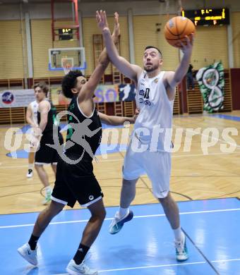 Basketball 2. Liga 2025/2026. Grunddurchgang 17. Runde.  KOS Celovec gegen Union Deutsch Wagram Alligators.  Veljko Dena  (KOS), Obinna Ndukwe  (UDW Alligators). Klagenfurt, am 7.2.2026
Foto: Kuess
---
pressefotos, pressefotografie, kuess, qs, qspictures, sport, bild, bilder, bilddatenbank