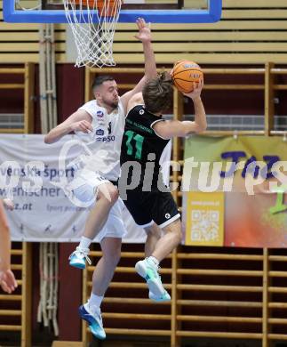 Basketball 2. Liga 2025/2026. Grunddurchgang 17. Runde.  KOS Celovec gegen Union Deutsch Wagram Alligators.  Veljko Dena  (KOS), Simon Marek  (UDW Alligators). Klagenfurt, am 7.2.2026
Foto: Kuess
---
pressefotos, pressefotografie, kuess, qs, qspictures, sport, bild, bilder, bilddatenbank