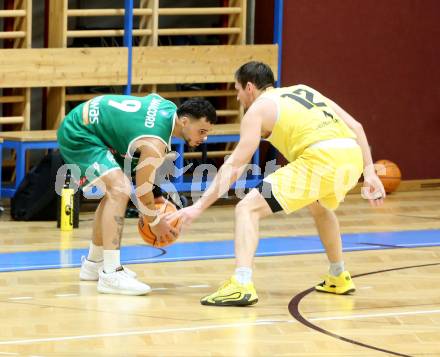 Basketball 2. Liga 2025/2026. Grunddurchgang 18. Runde.  Woerthersee Piraten gegen Future Team Steiermark.  Jan-Arne Apschner  (Piraten),  Justin McCaw  (Steiermark). Klagenfurt, am 14.2.2026
Foto: Kuess
---
pressefotos, pressefotografie, kuess, qs, qspictures, sport, bild, bilder, bilddatenbank