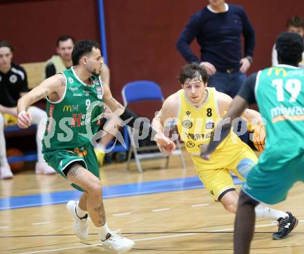Basketball 2. Liga 2025/2026. Grunddurchgang 18. Runde.  Woerthersee Piraten gegen Future Team Steiermark.   Elias Podany  (Piraten), Justin McCaw   (Steiermark). Klagenfurt, am 14.2.2026
Foto: Kuess
---
pressefotos, pressefotografie, kuess, qs, qspictures, sport, bild, bilder, bilddatenbank