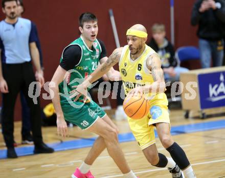 Basketball 2. Liga 2025/2026. Grunddurchgang 18. Runde.  Woerthersee Piraten gegen Future Team Steiermark.   Shawn L. Ray  (Piraten),  Zalan Vincze (Steiermark). Klagenfurt, am 14.2.2026
Foto: Kuess
---
pressefotos, pressefotografie, kuess, qs, qspictures, sport, bild, bilder, bilddatenbank