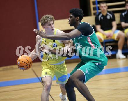 Basketball 2. Liga 2025/2026. Grunddurchgang 18. Runde.  Woerthersee Piraten gegen Future Team Steiermark.  Luca Umile  (Piraten),  Simon Okoro (Steiermark). Klagenfurt, am 14.2.2026
Foto: Kuess
---
pressefotos, pressefotografie, kuess, qs, qspictures, sport, bild, bilder, bilddatenbank