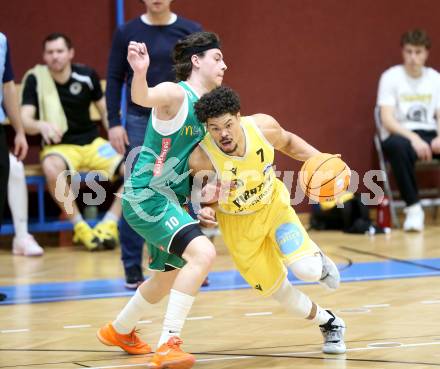 Basketball 2. Liga 2025/2026. Grunddurchgang 18. Runde.  Woerthersee Piraten gegen Future Team Steiermark.  Marcus Holyfield  (Piraten),  Moritz Mogg (Steiermark). Klagenfurt, am 14.2.2026
Foto: Kuess
---
pressefotos, pressefotografie, kuess, qs, qspictures, sport, bild, bilder, bilddatenbank