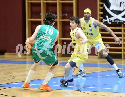 Basketball 2. Liga 2025/2026. Grunddurchgang 18. Runde.  Woerthersee Piraten gegen Future Team Steiermark.  Elias Podany  (Piraten),  Moritz Mogg (Steiermark). Klagenfurt, am 14.2.2026
Foto: Kuess
---
pressefotos, pressefotografie, kuess, qs, qspictures, sport, bild, bilder, bilddatenbank